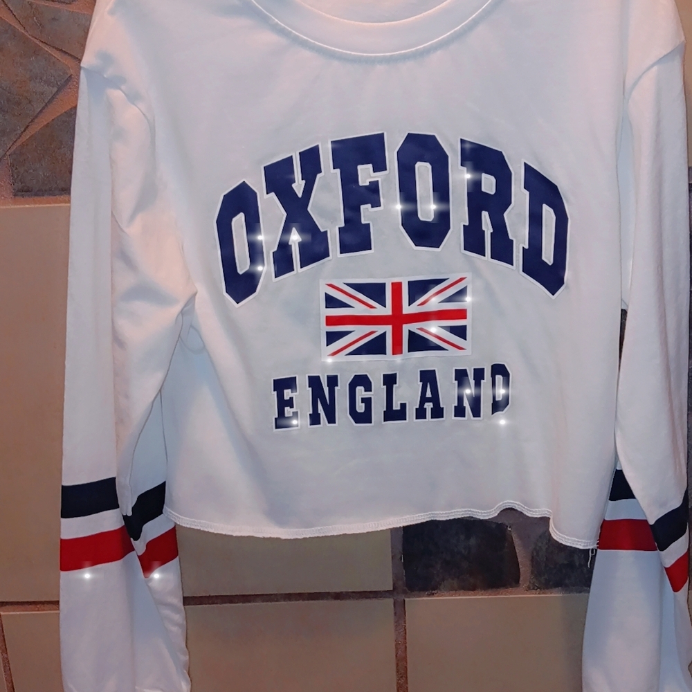Oxford White Long Sleeve Crop Top with Flag Design